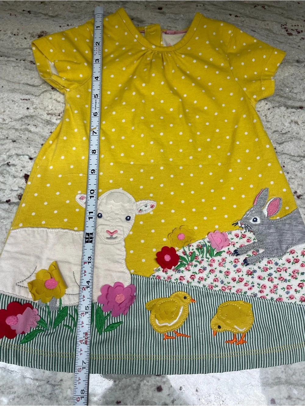 Baby Boden Yellow Polka Dot Farm Animal Appliqué Dress Sheep Chicks Bunny 18-24m